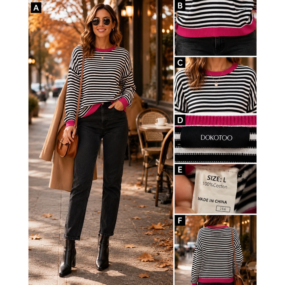 Women Large Striped Cotton Sweater Pink Trim Preppy Coastal Fall Capsule Knit